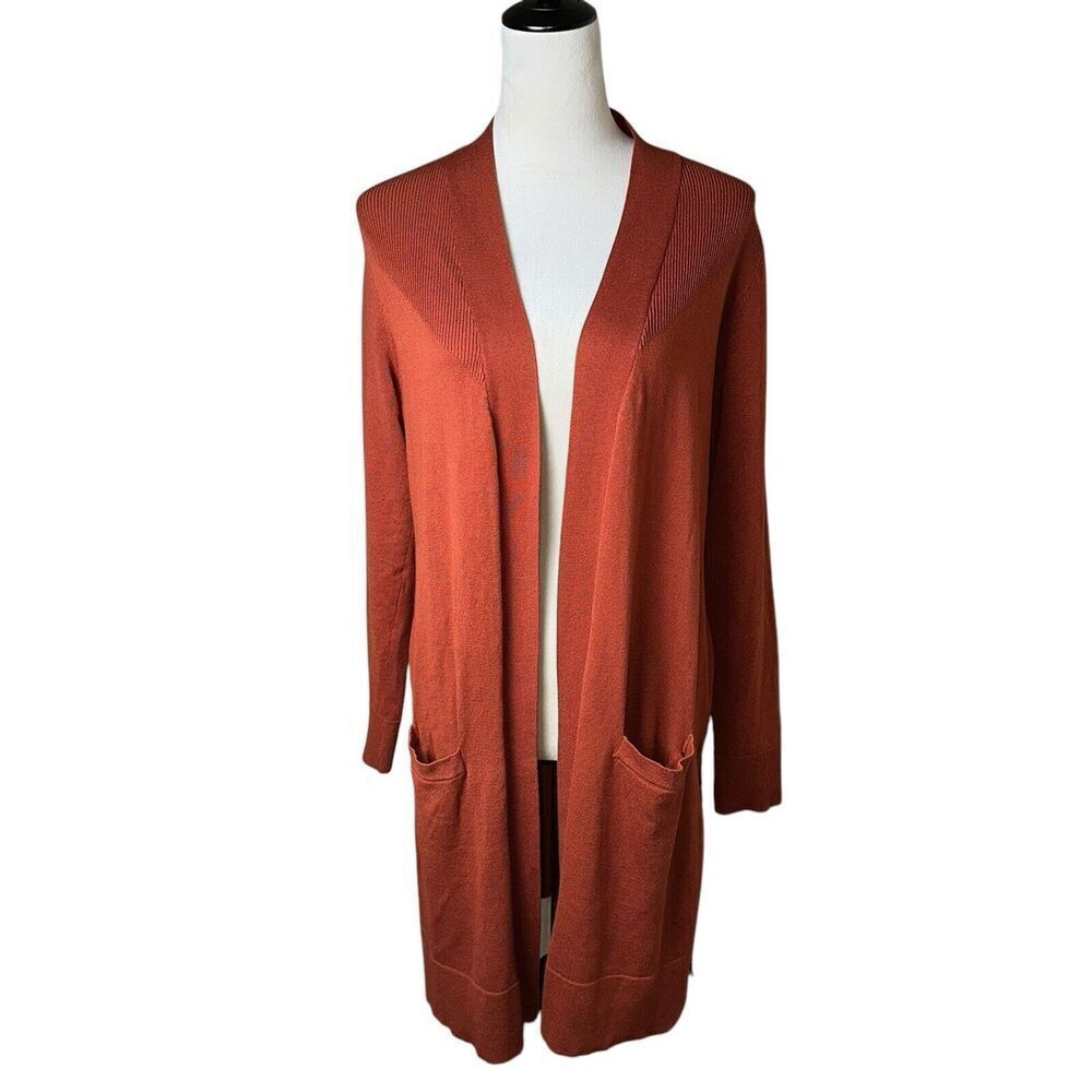 Alexandra + Oak Pumpkin Spice Orange Long Open Front Cardigan‎ Pockets Sz Medium